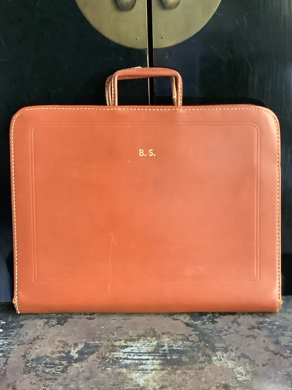 Mid Century Leather Briefcase With Embossed Gold Letters “B.S.”